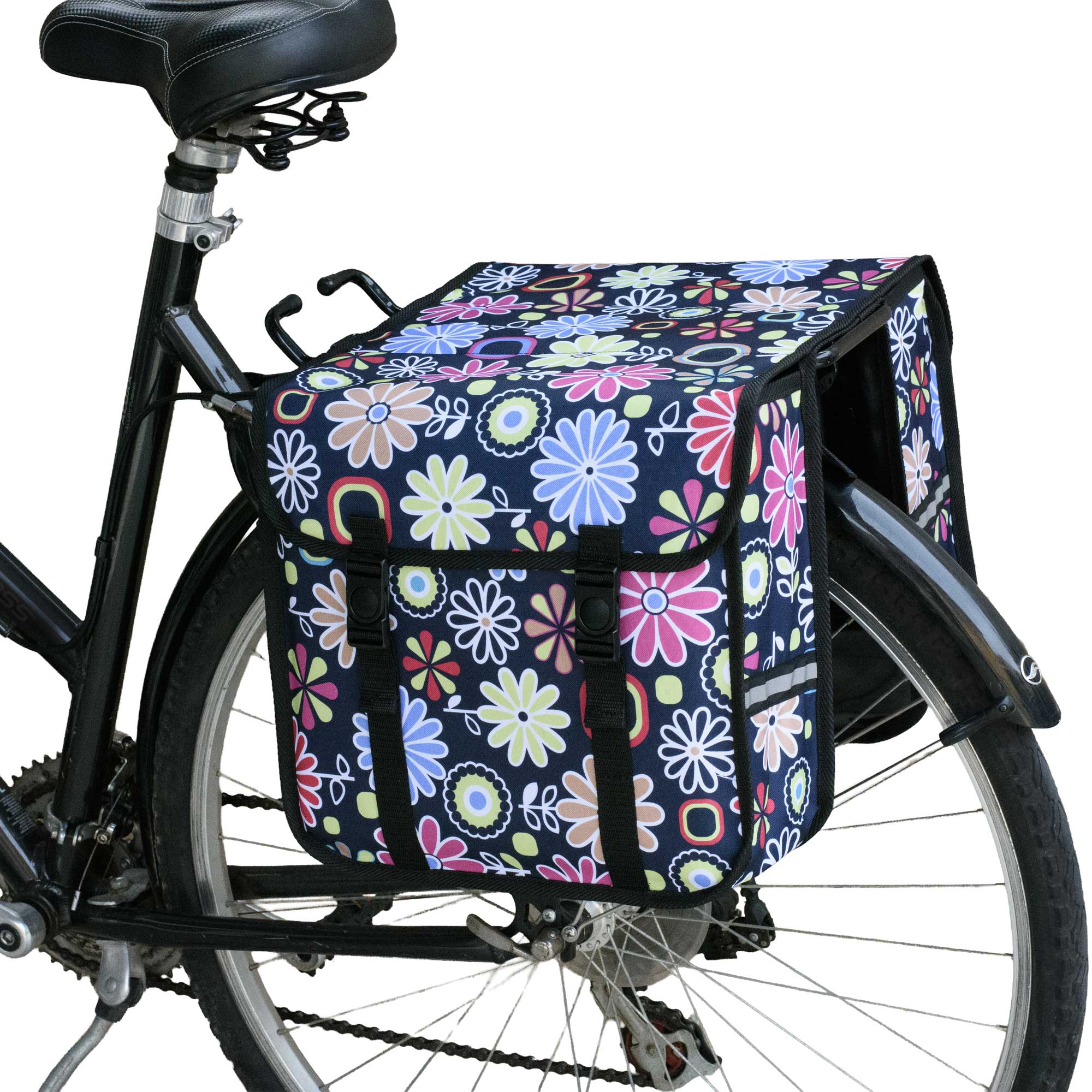 Floral-patterned bicycle bag attached to a bike on a white background