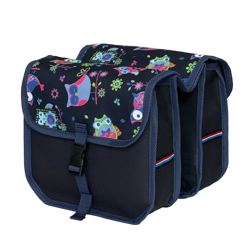 BikyBag Classic Mini kids' bike double pannier, Owls pattern, both bags from the side