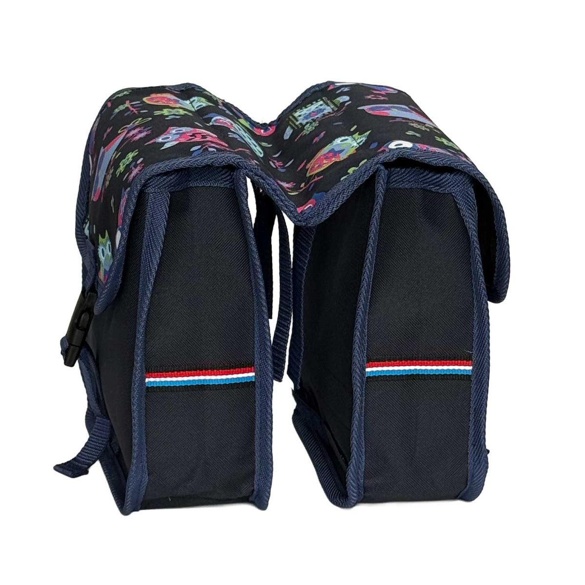 BikyBag Classic Mini kids' bike double pannier, Owls pattern, end view of both bags and the bridge