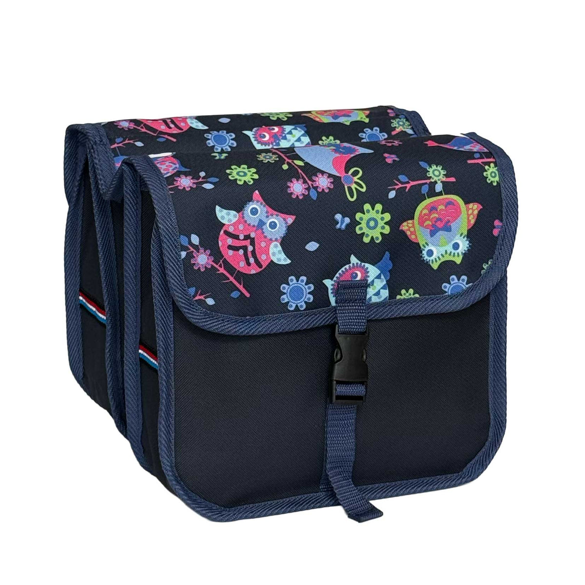 BikyBag Classic Mini kids' bike double pannier, Owls pattern, front view, flap closed with a buckle