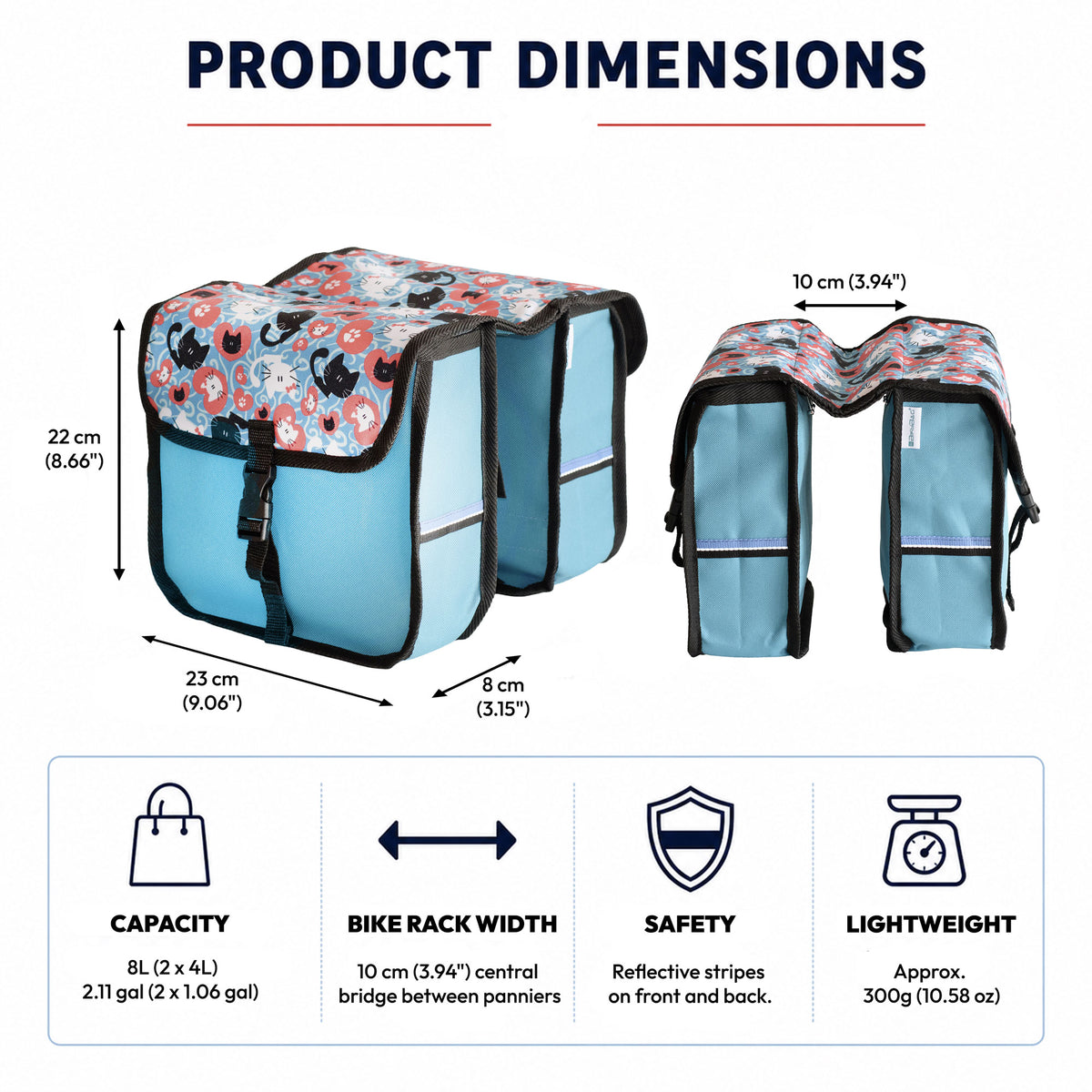 BikyBag Classic Mini kids' bike double pannier, Cats pattern, product dimensions