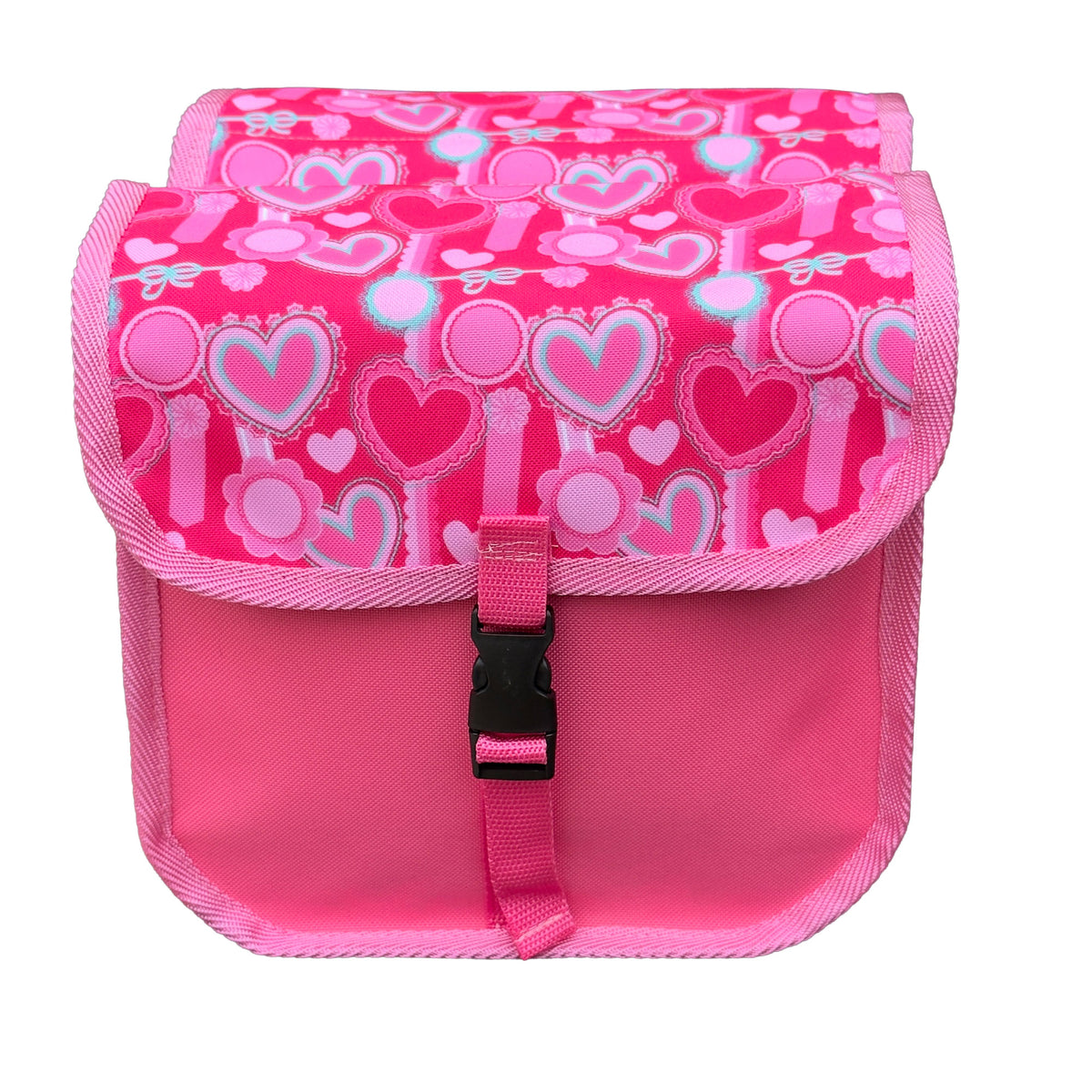BikyBag Classic Mini kids' bike double pannier, Pink Hearts pattern, front view, flap closed with a buckle