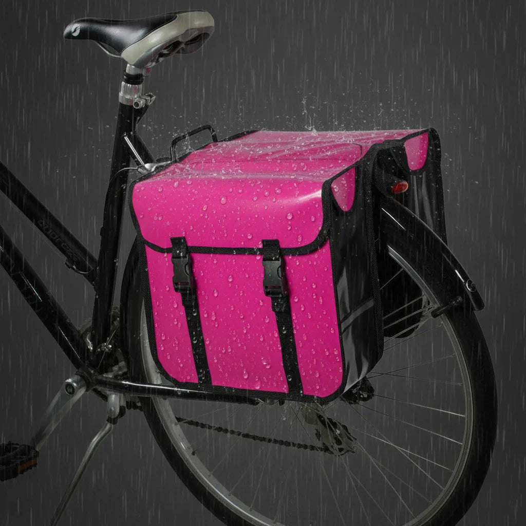 Pink bicycle saddle bag on a bike with raindrops on a dark background