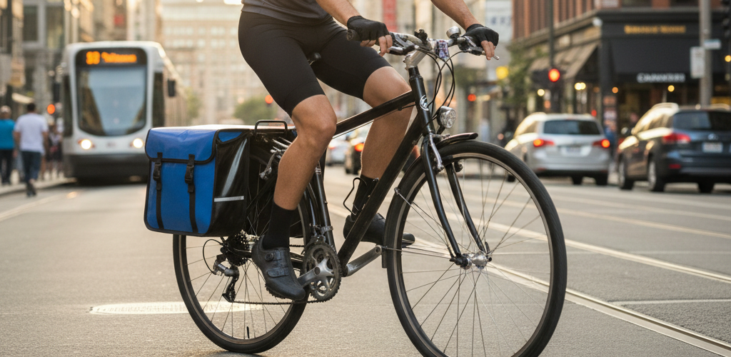 Person riding a bicycle with a blue bag on a city street