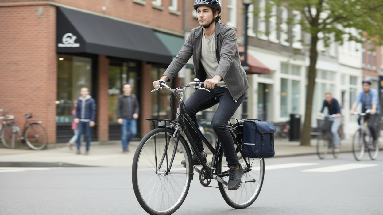 Man riding a bicycle on a city street with buildings and other cyclists in the background.