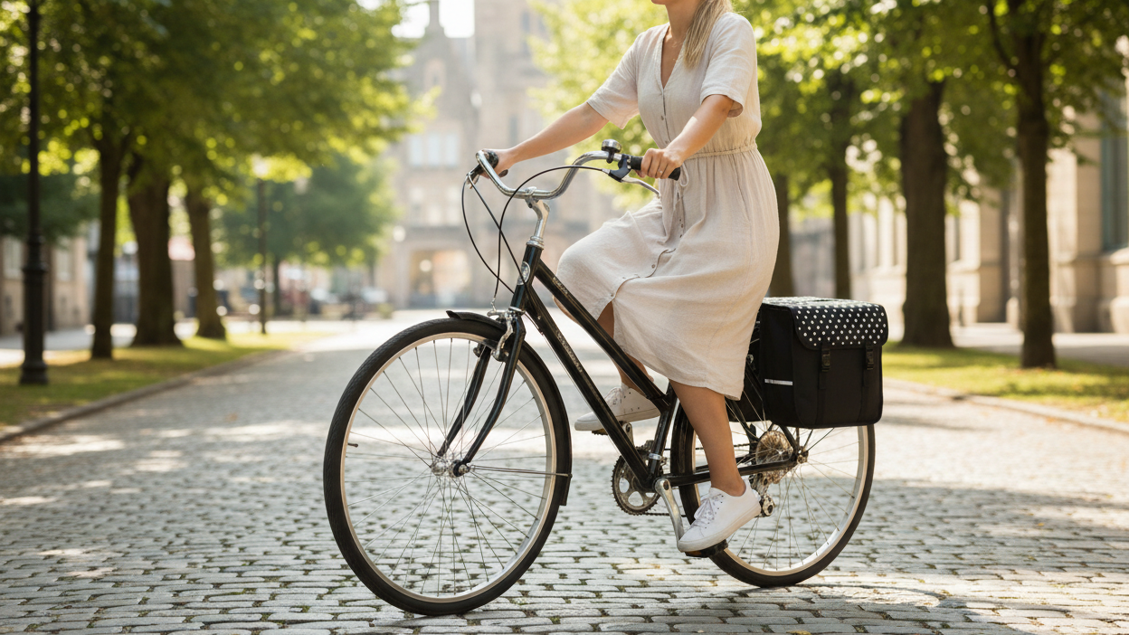Woman riding a bicycle on a tree-lined street