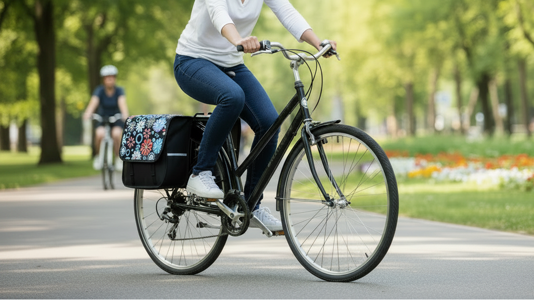 Person riding a bicycle with a basket in a park