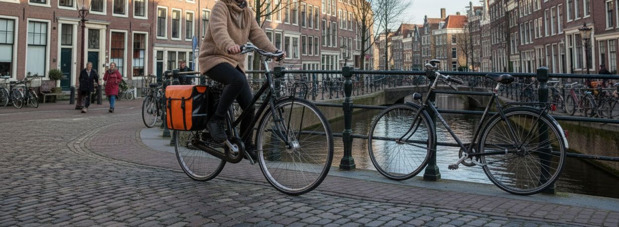 Person riding a bicycle with an orange bag along a canal in a European city.