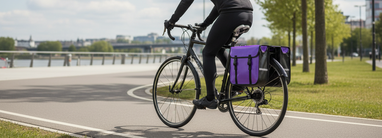 Person cycling on a path with a purple bag attached to the back, surrounded by trees and buildings.
