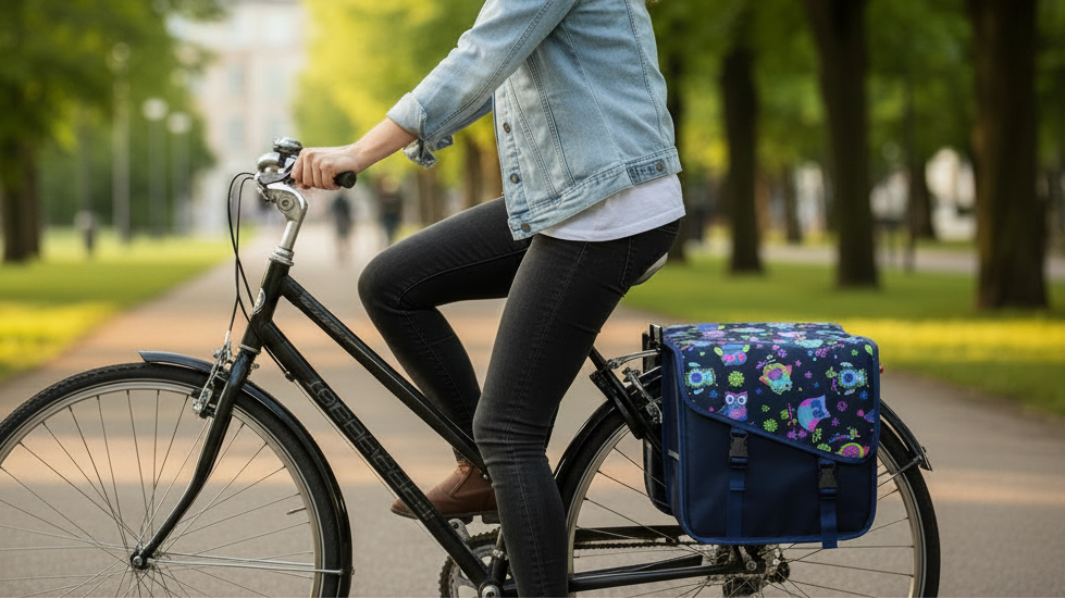 Person riding a bicycle with a floral-patterned bag in a park