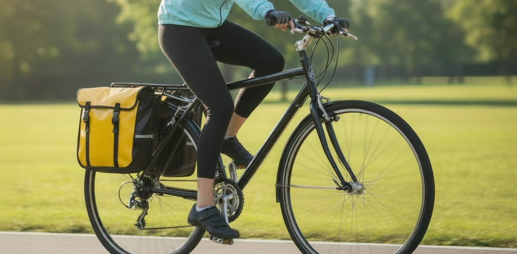 Woman riding a bicycle with a yellow bag in an urban park setting