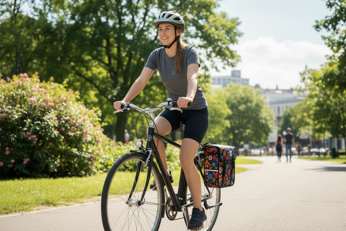 Sac de vélo à motif floral fixé à un vélo sur fond blanc