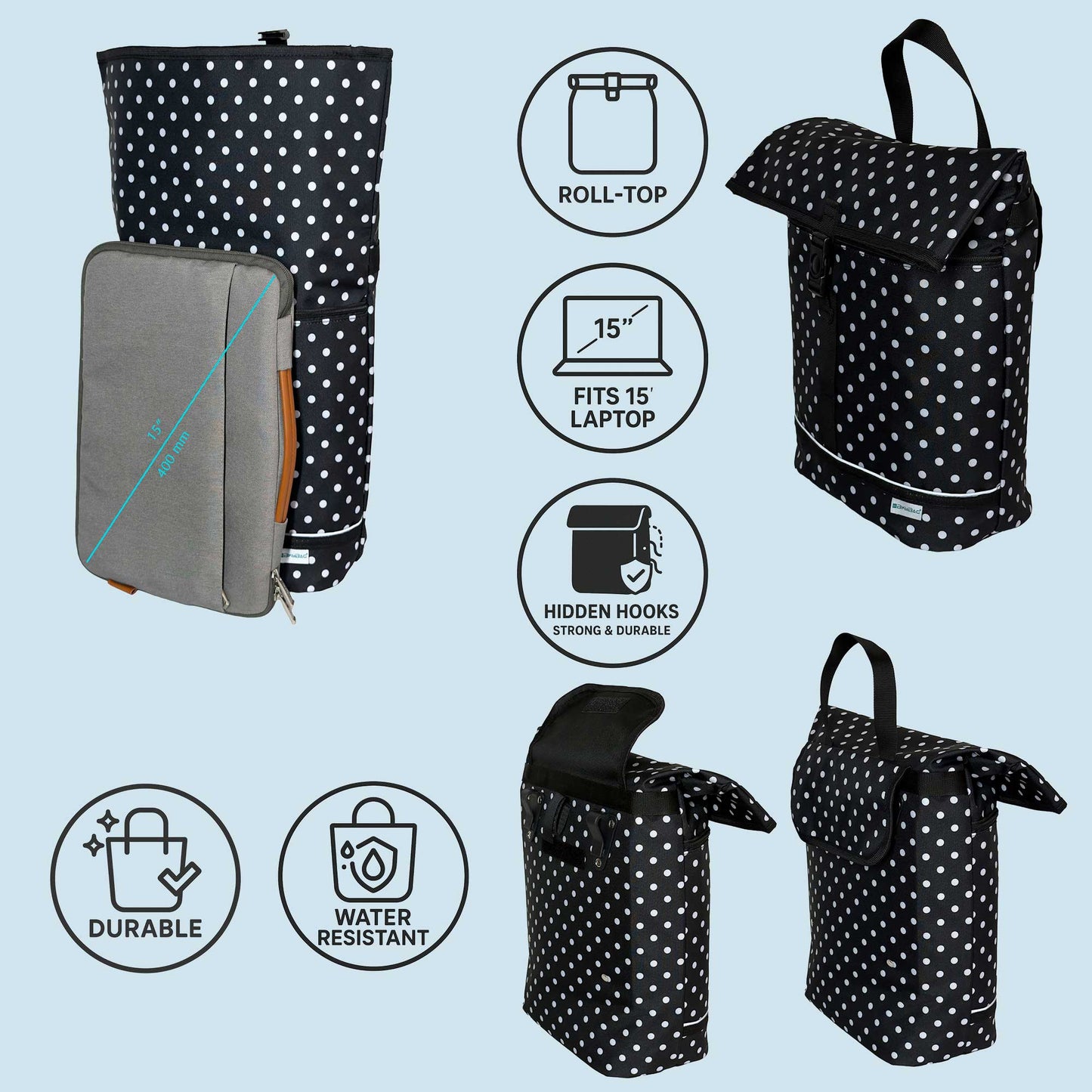 BikyBag Shopper - 16L - Water-Resistant Cycling Bag BikyBag (White Polka Dots)