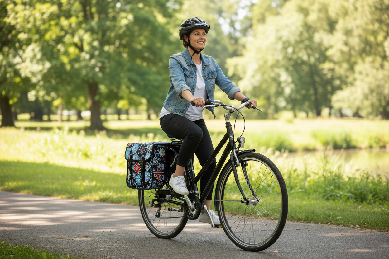 Bicycle with floral-patterned panniers on a white background