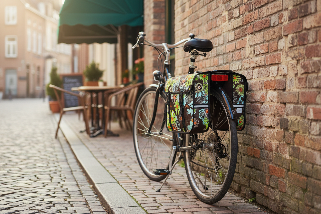 Bicycle with a floral-patterned bag attached to the back on a white background