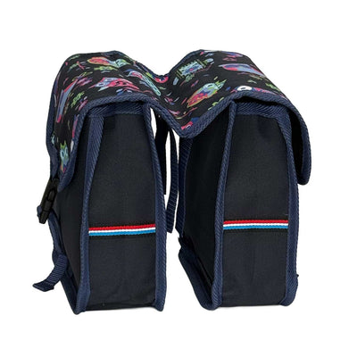 BikyBag Classic Mini kids' bike double pannier, Owls pattern, end view of both bags and the bridge