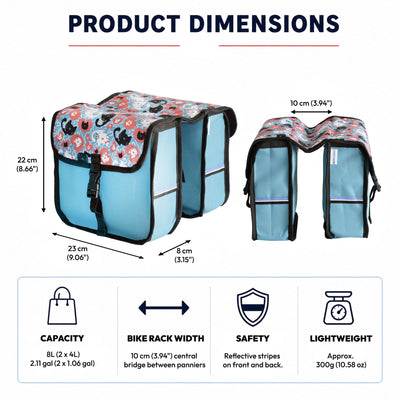 BikyBag Classic Mini kids' bike double pannier, Cats pattern, product dimensions