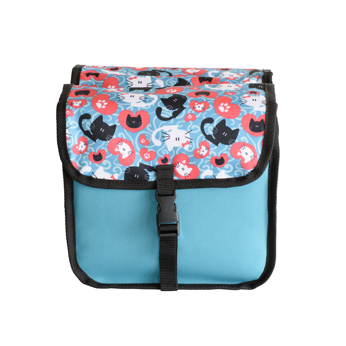 BikyBag Classic Mini kids' bike double pannier, Cats pattern, front view, flap closed with a buckle