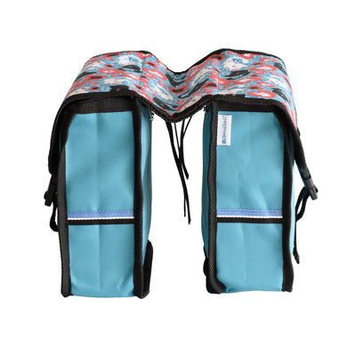 BikyBag Classic Mini kids' bike double pannier, Cats pattern, end view of both bags and the bridge