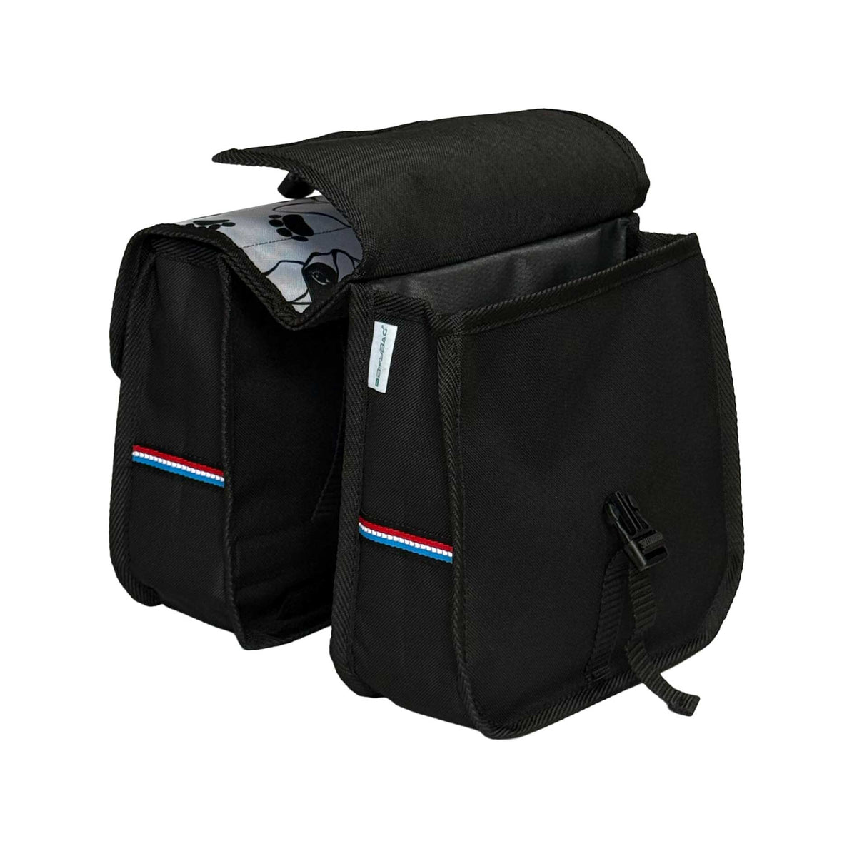 BikyBag Classic Mini kids' bike double pannier, Dog pattern, one bag with the flap open
