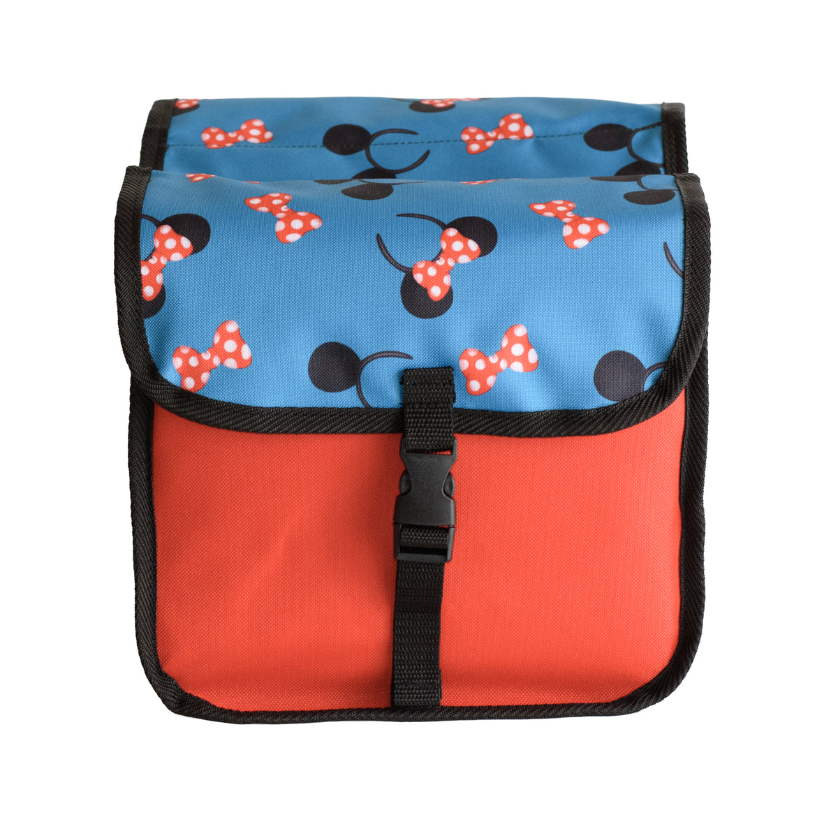 BikyBag Classic Mini, Doppel-Fahrradtasche für Kinderräder, Muster Maus, Vorderansicht, Klappe mit Schnalle geschlossen