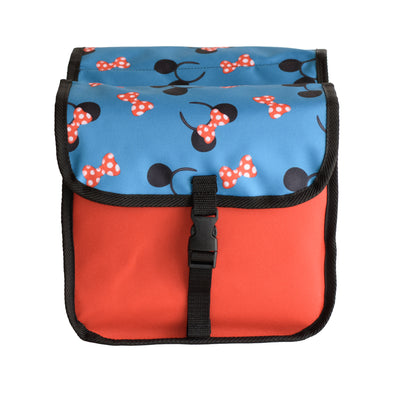 BikyBag Classic Mini, Doppel-Fahrradtasche für Kinderräder, Muster Maus, Vorderansicht, Klappe mit Schnalle geschlossen