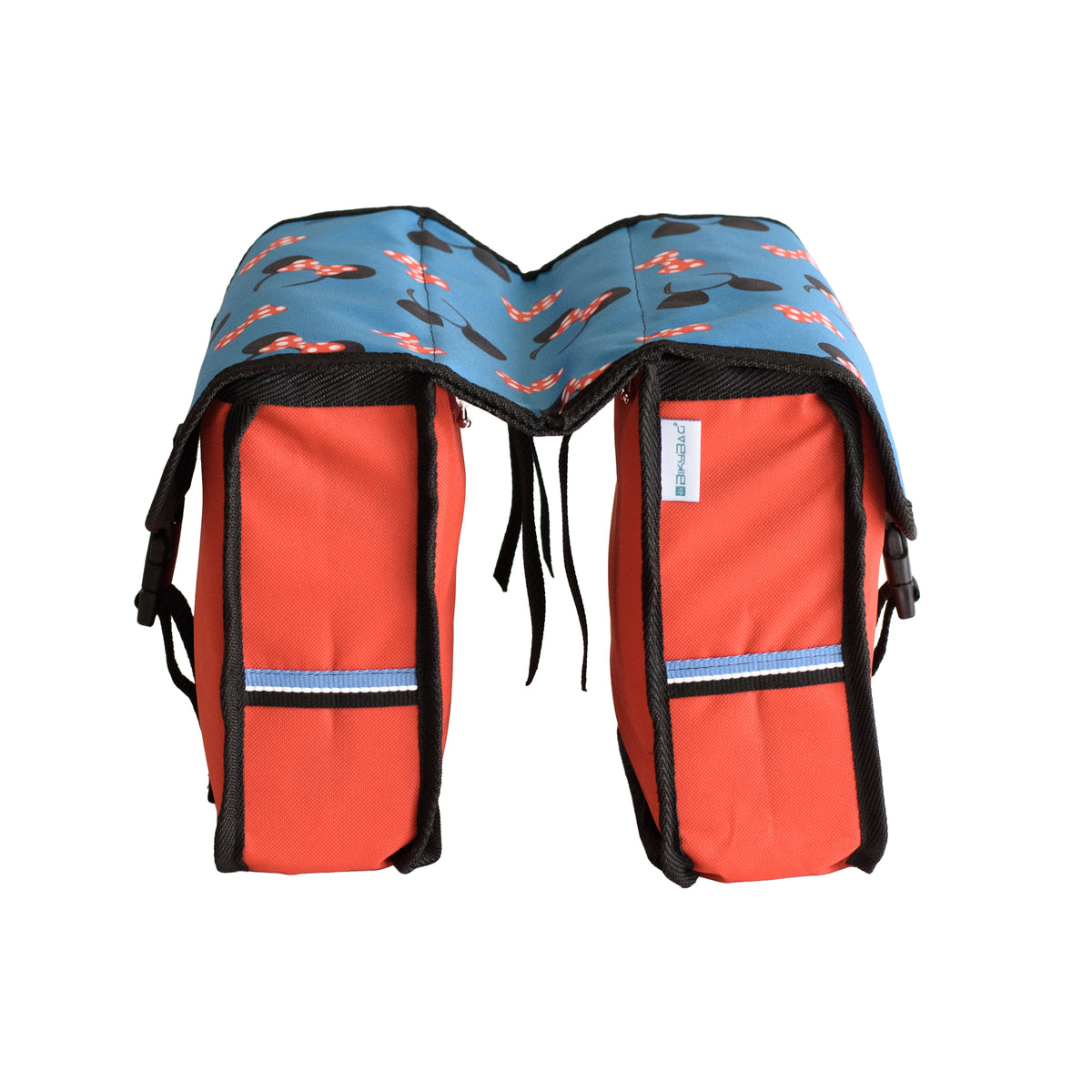 BikyBag Classic Mini, Doppel-Fahrradtasche für Kinderräder, Muster Maus, beide Taschen und der Steg von der Stirnseite