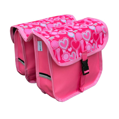 BikyBag Classic Mini kids' bike double pannier, Pink Hearts pattern, both bags from the side