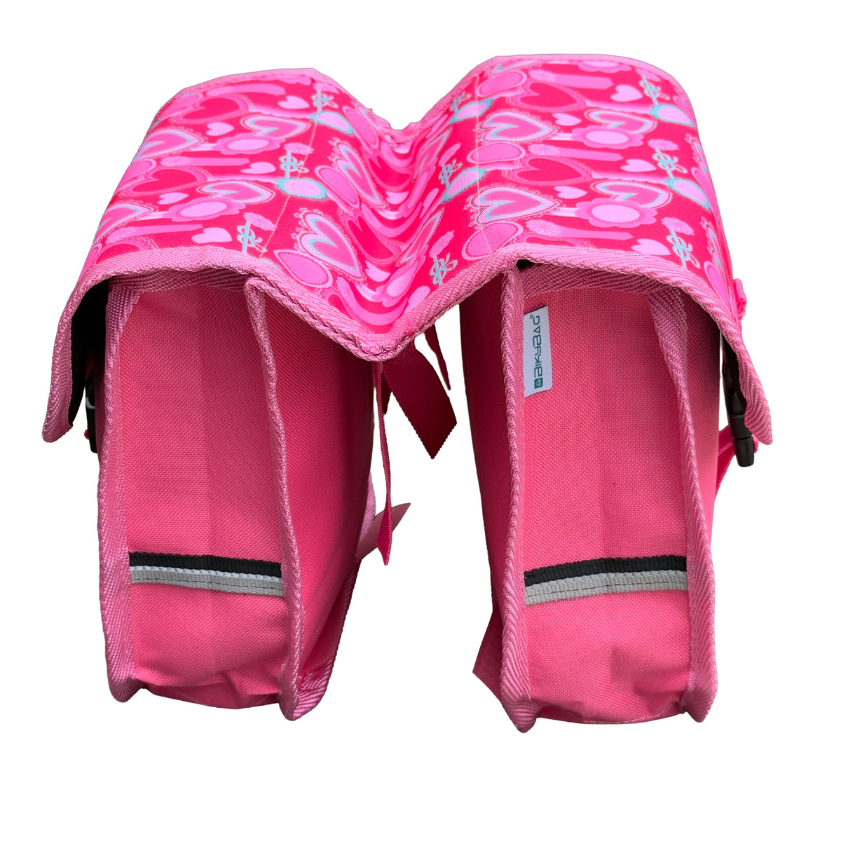 BikyBag Classic Mini kids' bike double pannier, Pink Hearts pattern, end view of both bags and the bridge