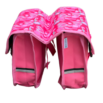 BikyBag Classic Mini kids' bike double pannier, Pink Hearts pattern, end view of both bags and the bridge