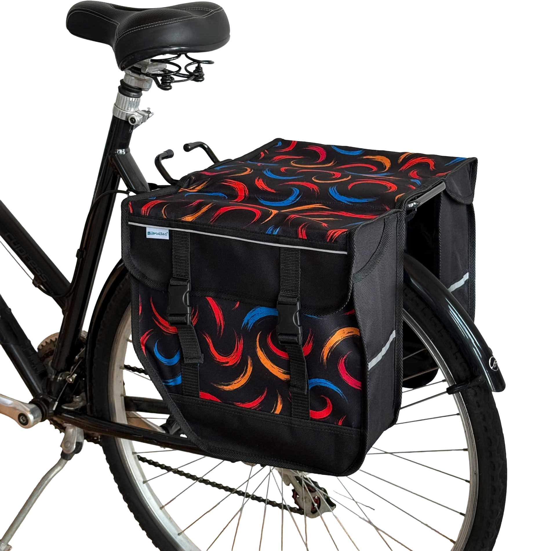Bicycle with a colorful patterned bag attached to the back