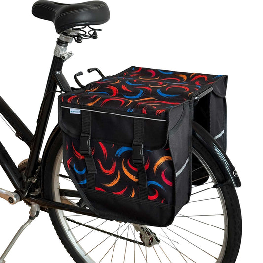 Bicycle with a colorful patterned bag attached to the back