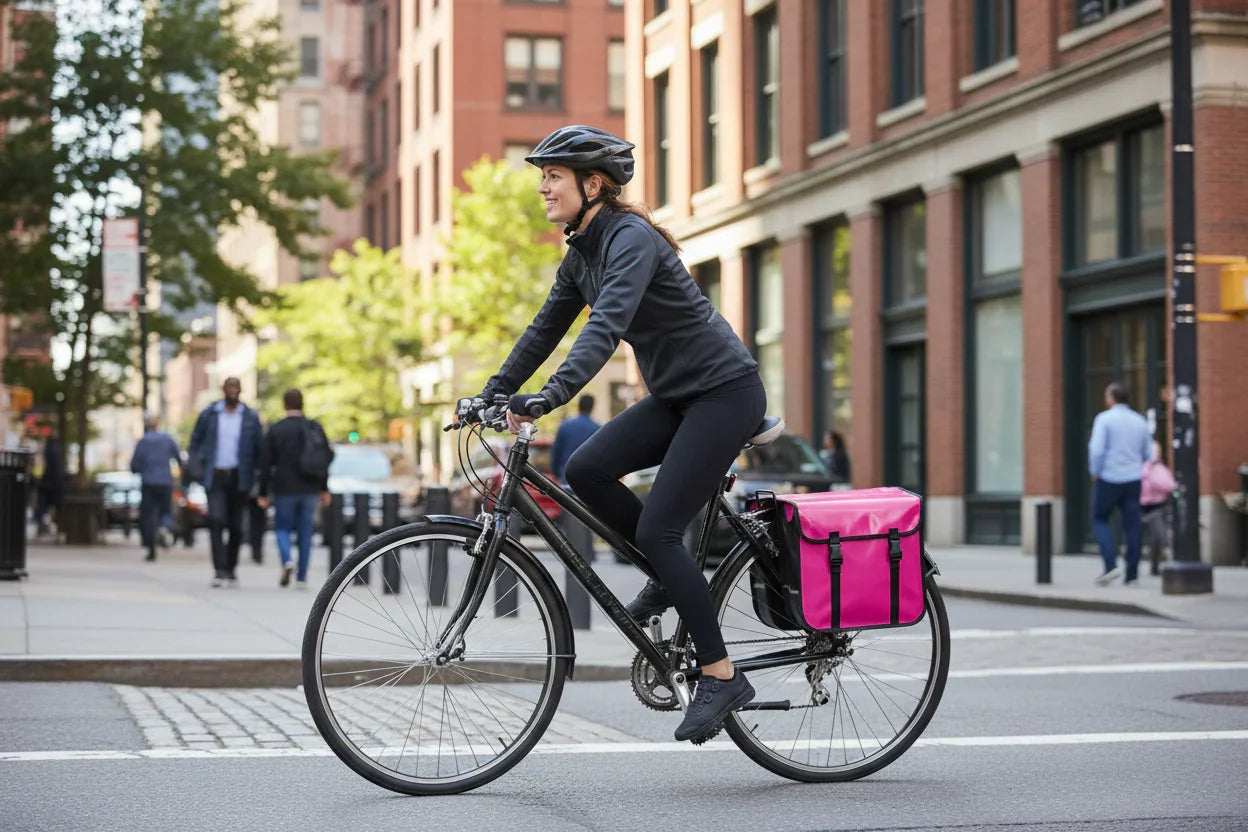 Person riding a bicycle with a pink bag on a city street