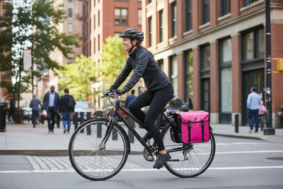 Person riding a bicycle with a pink bag on a city street