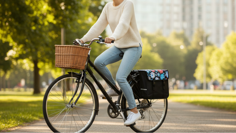 Woman riding a bicycle with a basket in an urban park setting