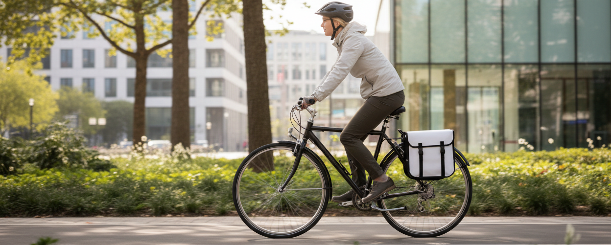 Person riding a bicycle with a cityscape background